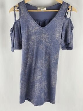 New Halley & Co Blue Mineral Wash Cold Shoulder Top Size Small Boho Boutique